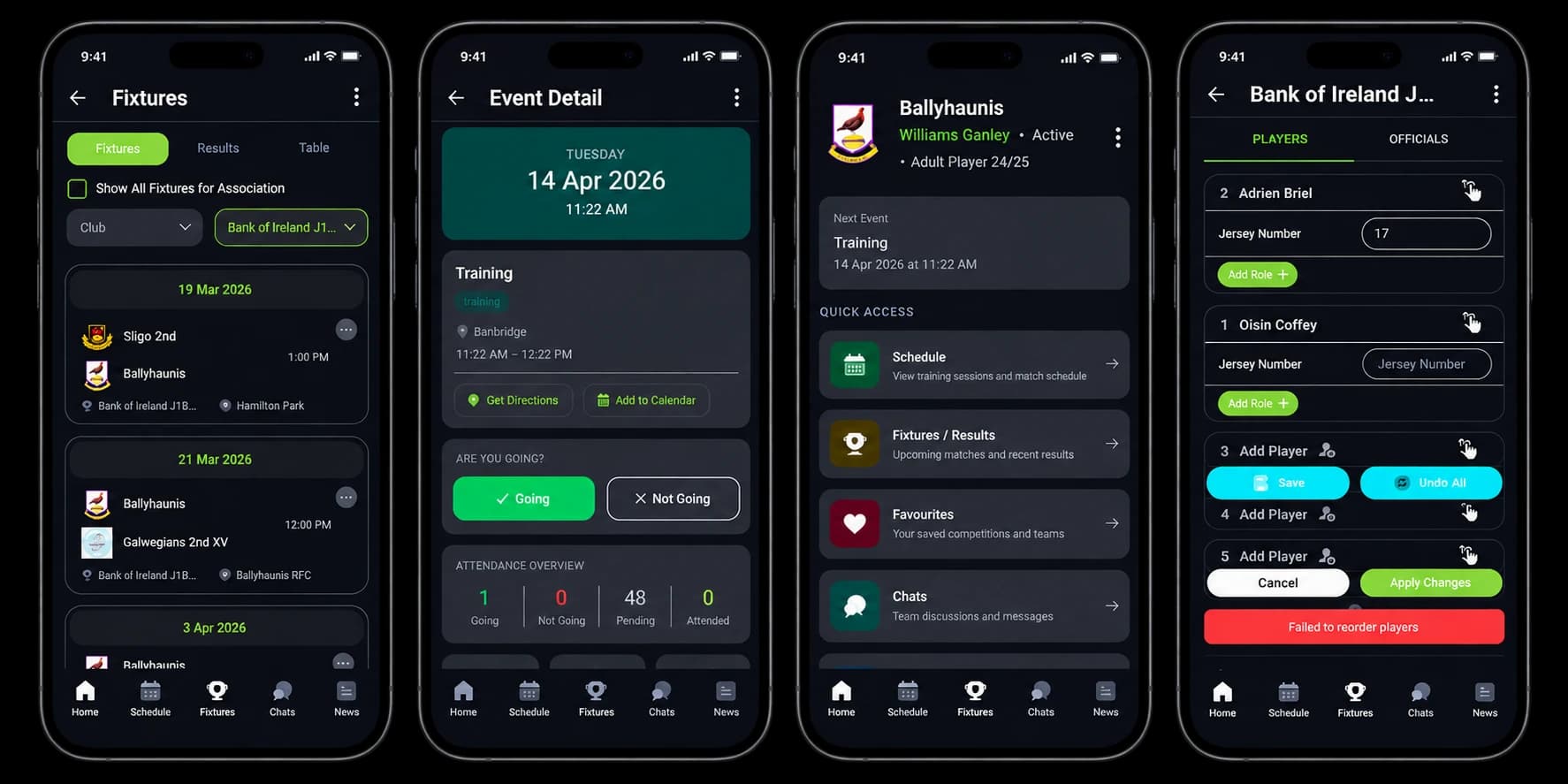 SportLomo sports club management app fixtures and live score screens