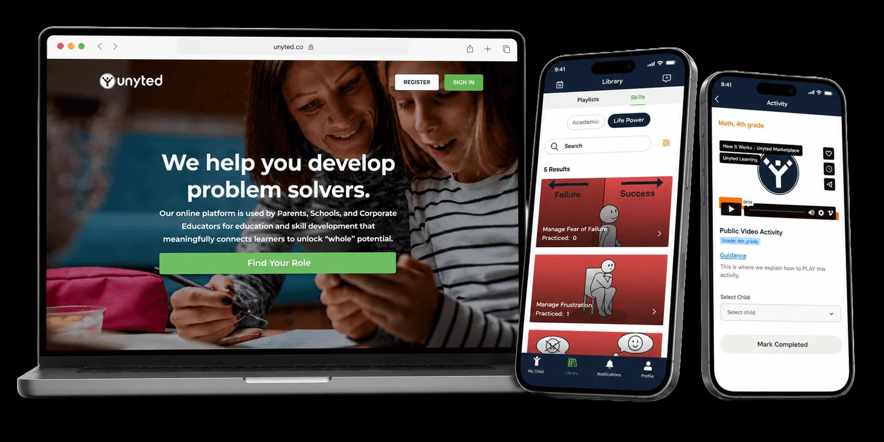 Unyted app screen in English and Arabic RTL layouts